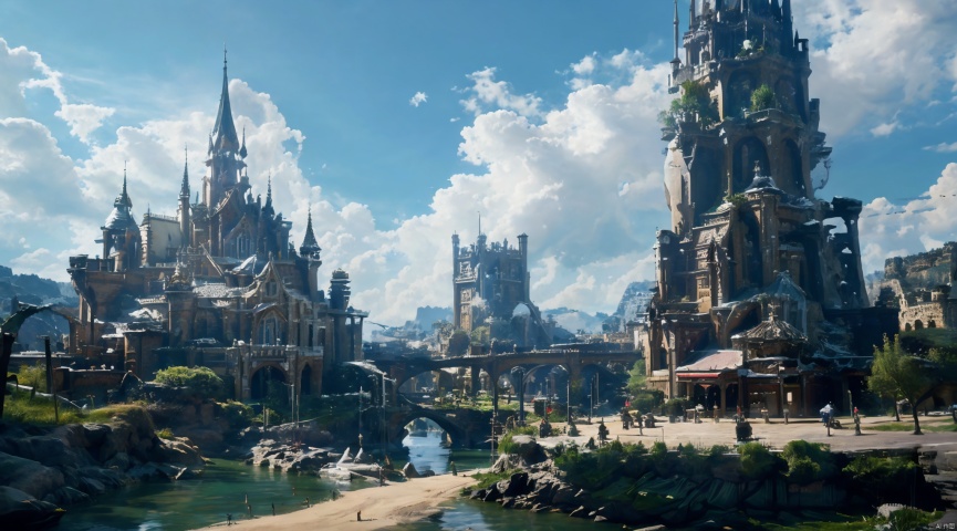  realistic, masterpiece, best quality, cinematic, dynamic lighting, natural shadow, ray tracing, volumetric lighting, highest detail, professional photography, detailed background,insane details, intricate, aesthetic,detailed matte painting,fantastic and intricate details,Bright color tones,Sunny Weather,fantasy concept art,8k resolution trending on Artstation Unreal Engine,medieval city,Compact architecture,Many people,Multiple buildings