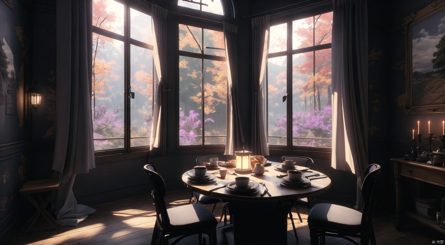  indoor,restaurant,purple and black room,dining-table,Abundant food on the dining table,chair,Simple french window,sliding doors, lamp, architecture,(Gothic style:1),French window,Simple french window,Tied up sheer curtains,Open Windows,Open french window,bright warm sunlight,The lakes and Forest Outside the Window,lakes,forest,intersting lights and shadows,8k hd, (highly detailed background, amazing background),(masterpiece), best quality, ultra detail, (intricate detail),dynamic lighting, perfect lighting, detailed shadows,(wide dynamic range:1.5)