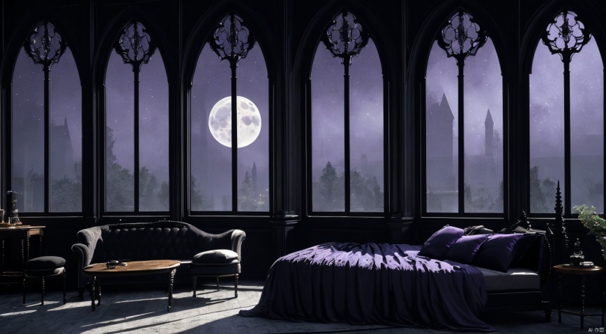  indoor,a bedroom,bedroom,purple and black room,Wide double bed,sofa,table,teacup,teapot,Tea set combination,vase,The flowers in the vase,candlestick,Candles burning on the candlestick,(Gothic style:1.5),French window,Simple french window,Sheer curtains,Open Windows,Open french window,night,The Moon and Forest Outside the Window,moon,moonlight,forest,architecture,intersting lights and shadows,(highly detailed background, amazing background),(masterpiece), best quality, ultra detail,digital painting, dynamic lighting, perfect lighting, detailed shadows, (wide dynamic range:1.5)