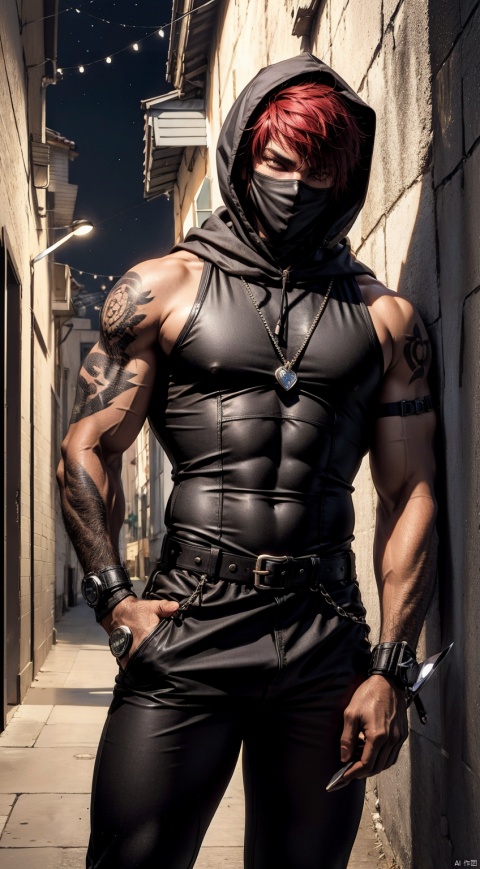  boy,Young male,A handsome boy,A strong boy,Young face,A wild smile,(Red short hair:1.6),(Wearing black high necked sleeveless tight fitting clothes:1.6),(Wearing a hood:1.6),(Wearing a black cloth mask:1.6),(Tight fitting clothing:1.6),(large pectorals:1.6),(The black tattoo on the arm:1.4),(Holding a dagger in hand:1.6),(The belt has many sharp metal pendants:1.6),broad shoulders,slender waist,Wide shoulders and narrow waist,abdominal muscle,(shiny skin:1),(dark skin:1.6),(long legs),(night:1.6),Middle Ages Alley,(A medieval alley at night:1.6),(A complex and detailed background),realistic,best quality,dynamic lighting,natural shadow,ray tracing,volumetric lighting,highest detail,detailed background,insane details,intricate,detailed face,detailed skin,subsurface scattering, black bodysuit
