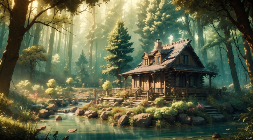  (forest:1.7),(Different varieties of trees:1.7),log cabin,The stream next to the small wooden house,The blue sky,Clear Sky,complex and detailed background,realistic,best quality,dynamic lighting,natural shadow,ray tracing,volumetric lighting,highest detail,detailed background,intricate, cozy animation scenes