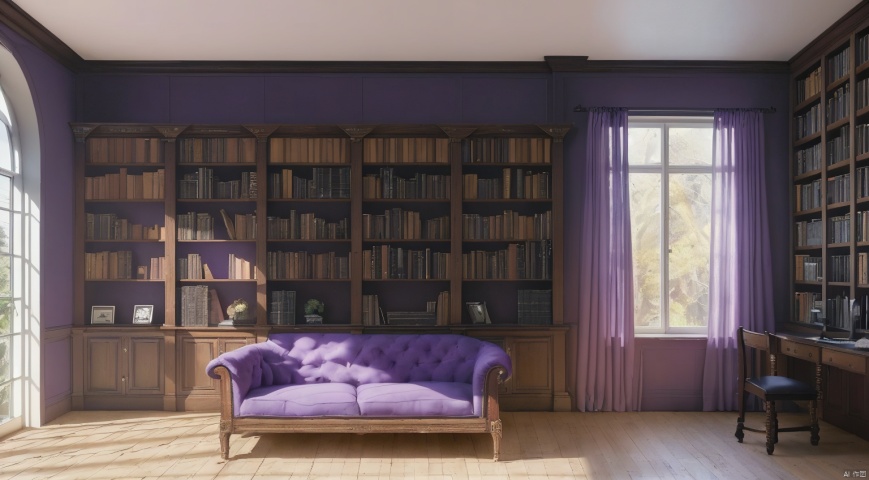 indoor,a study,study,purple and black room,(Bookcase:1.6),(Whole wall bookshelf:1.6),sofa,table,desk,chair,Simple french window,sliding doors, lamp, architecture,vase,The flowers in the vase,test tube,Various colored reagents in test tubes,(Gothic style:1),French window,Simple french window,Tied up sheer curtains,Open Windows,Open french window,bright warm sunlight,The lakes and Forest Outside the Window,lakes,forest,intersting lights and shadows,8k hd, (highly detailed background, amazing background),(masterpiece), best quality, ultra detail, (intricate detail),dynamic lighting, perfect lighting, detailed shadows,(wide dynamic range:1.5)