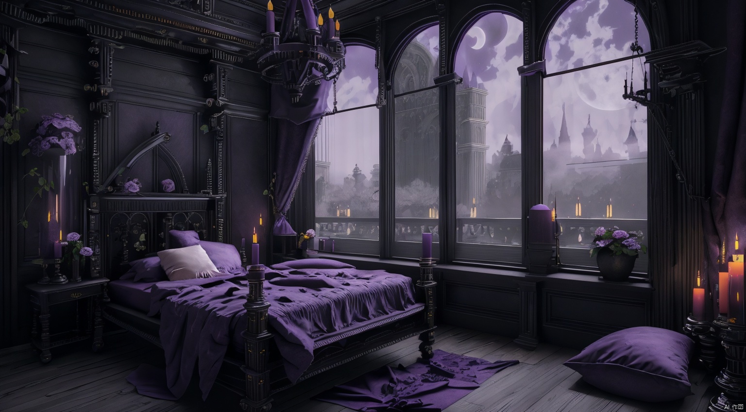  indoor,a bedroom,bedroom,purple and black room,Wide double bed,vase,The flowers in the vase,candlestick,Candles burning on the candlestick,(Gothic style:1.5),French window,Simple french window,Tied up sheer curtains,Open Windows,Open french window,night,The Moon and Forest Outside the Window,moon,moonlight,forest,architecture,intersting lights and shadows,ultra realistic, unreal engine 5, studio lighting, cinematic, High Detail, dramatic, cinematic, 8k, highres , extremely detailed CG unity 8k wallpaper, realistic, masterpiece, highest quality, lens flare, unreal engine, trending on ArtStation, Intricate, High Detail, realism, beautiful and detailed lighting, shadows, bedroomai, gothic, ais-crsd, Darkness