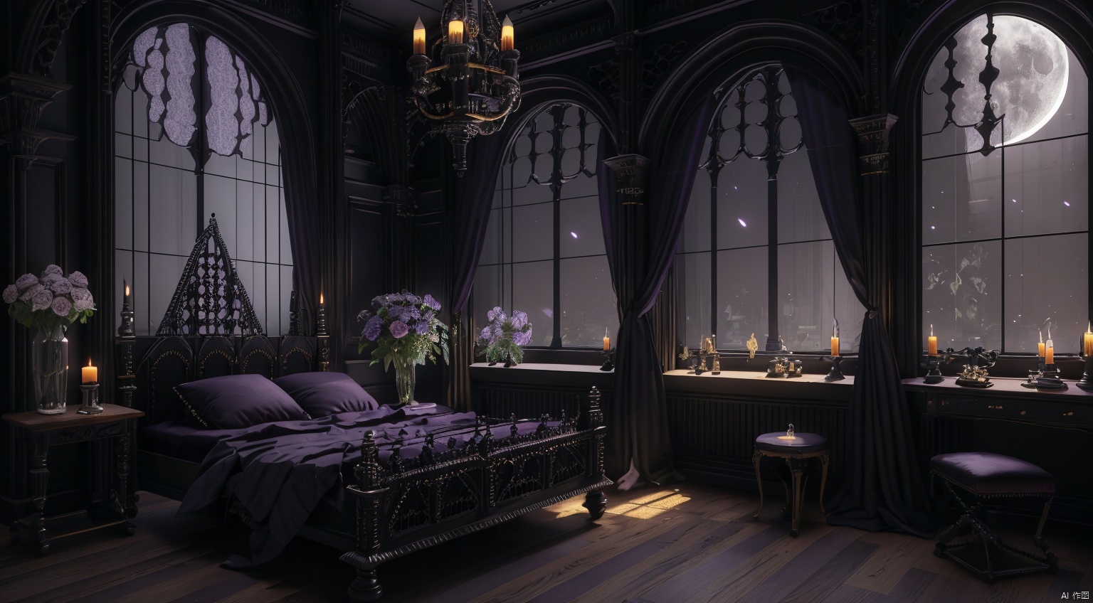  indoor,a bedroom,bedroom,purple and black room,Wide double bed,vase,The flowers in the vase,candlestick,Candles burning on the candlestick,(Gothic style:1.5),French window,Simple french window,Tied up sheer curtains,Open Windows,Open french window,night,The Moon and Forest Outside the Window,moon,moonlight,forest,architecture,intersting lights and shadows,ultra realistic, unreal engine 5, studio lighting, cinematic, High Detail, dramatic, cinematic, 8k, highres , extremely detailed CG unity 8k wallpaper, realistic, masterpiece, highest quality, lens flare, unreal engine, trending on ArtStation, Intricate, High Detail, realism, beautiful and detailed lighting, shadows, bedroomai, gothic, ais-crsd