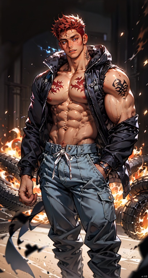  handsome male,upper body portrait,young,solo,big muscle,(thick arms),(big pecs),( long legs),slim,1male,slender waist,hands in pockets,red hair,black coat,tattoos on arms,muscular Male, fu