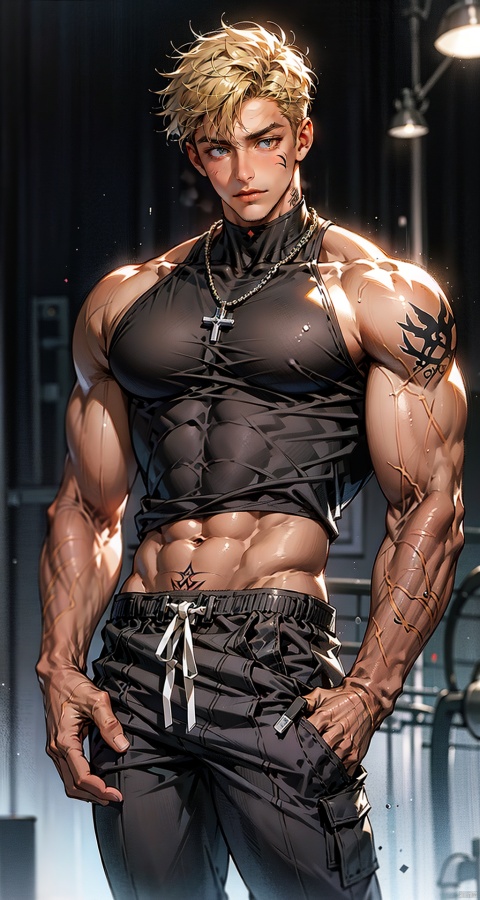  handsome male,upper body portrait,young,solo,big muscle,(thick arms),(big pecs),black shorts,( long legs),slim,1male,slender waist,hands in pockets,abdominal muscle,blonde hair,black skin,black sleeveless turtleneck top,Tattoos on arms,niji5, flamebringer (arknights)