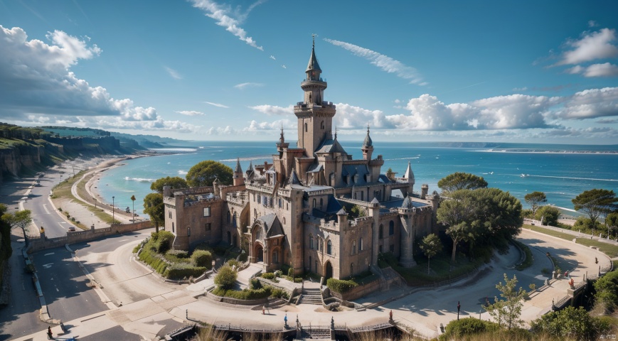  (sea:1.7),(coast:1.7),castle,magnificent castle,The blue sky,Clear Sky,complex and detailed background,realistic,best quality,dynamic lighting,natural shadow,ray tracing,volumetric lighting,highest detail,detailed background,intricate