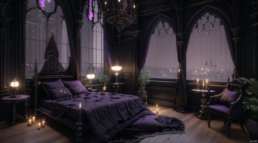  indoor,a bedroom,bedroom,purple and black room,Wide double bed,vase,The flowers in the vase,candlestick,Candles burning on the candlestick,(Gothic style:1.5),French window,Simple french window,Tied up sheer curtains,Open Windows,Open french window,night,The Moon and Forest Outside the Window,moon,moonlight,forest,architecture,intersting lights and shadows,ultra realistic, unreal engine 5, studio lighting, cinematic, High Detail, dramatic, cinematic, 8k, highres , extremely detailed CG unity 8k wallpaper, realistic, masterpiece, highest quality, lens flare, unreal engine, trending on ArtStation, Intricate, High Detail, realism, beautiful and detailed lighting, shadows, bedroomai