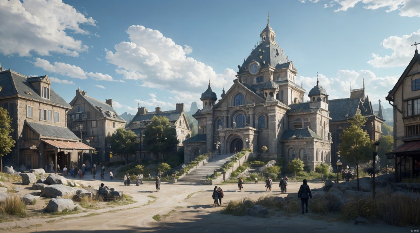  realistic, masterpiece, best quality, cinematic, dynamic lighting, natural shadow, ray tracing, volumetric lighting, highest detail, professional photography, detailed background,insane details, intricate, aesthetic,detailed matte painting,fantastic and intricate details,Bright color tones,Sunny Weather,fantasy concept art,8k resolution trending on Artstation Unreal Engine,medieval city,Compact architecture,Many people