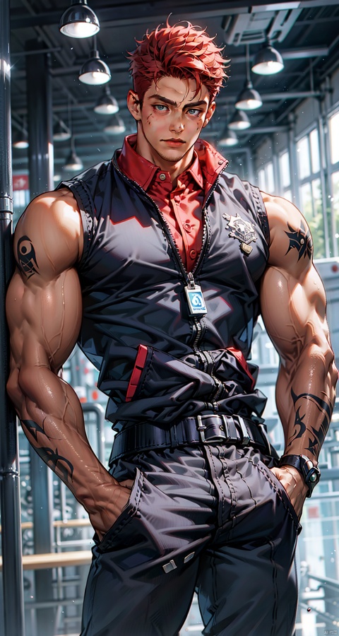  handsome male,upper body portrait,young,solo,big muscle,(thick arms),(big pecs),( long legs),slim,1male,slender waist,hands in pockets,red hair,(an open sleeveless jacket),(black vest),tattoos on arms