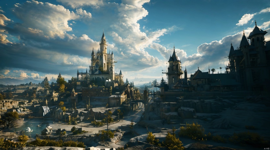  realistic, masterpiece, best quality, cinematic, dynamic lighting, natural shadow, ray tracing, volumetric lighting, highest detail, professional photography, detailed background,insane details, intricate, aesthetic,detailed matte painting,fantastic and intricate details,Bright color tones,Sunny Weather,fantasy concept art,8k resolution trending on Artstation Unreal Engine,medieval city,Compact architecture,Many people,Multiple buildings, castle