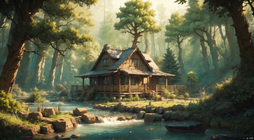 (forest:1.7),(Different varieties of trees:1.7),log cabin,The stream next to the small wooden house,The blue sky,Clear Sky,complex and detailed background,realistic,best quality,dynamic lighting,natural shadow,ray tracing,volumetric lighting,highest detail,detailed background,intricate