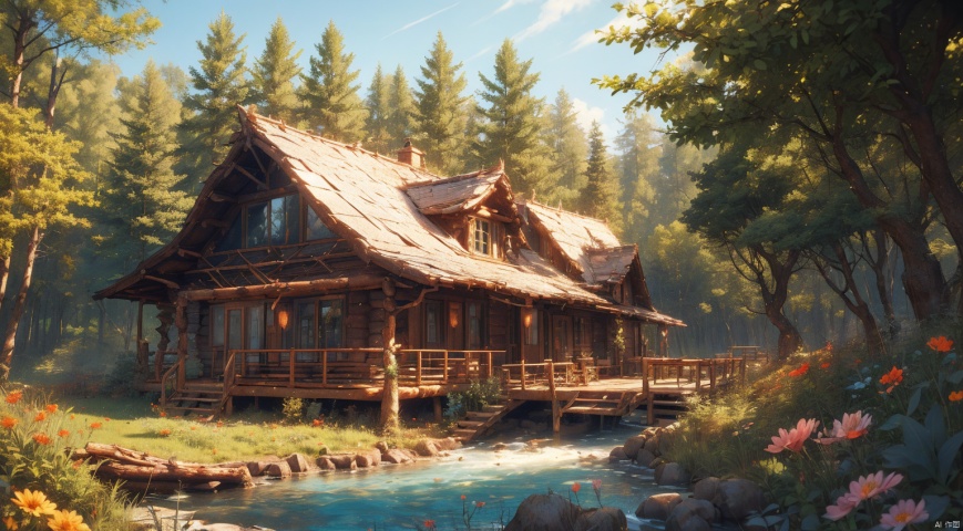  (forest:1.7),(Different varieties of trees:1.7),log cabin,The stream next to the small wooden house,The blue sky,Clear Sky,complex and detailed background,realistic,best quality,dynamic lighting,natural shadow,ray tracing,volumetric lighting,highest detail,detailed background,intricate, Flower sea