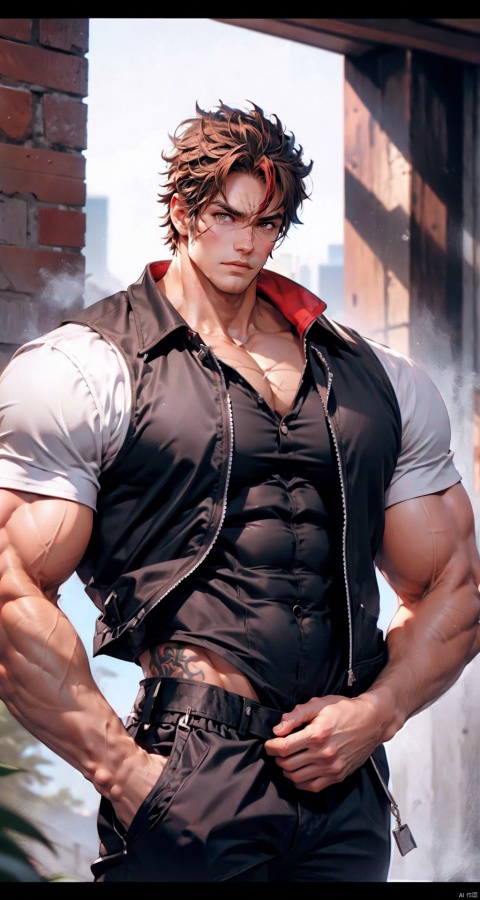  handsome male,upper body portrait,young,solo,big muscle,(thick arms),(big pecs),( long legs),slim,1male,slender waist,hands in pockets,abdominal muscle,Red hair,black short sleeved shirt,Black vest,Tattoos on arms, black bodysuit