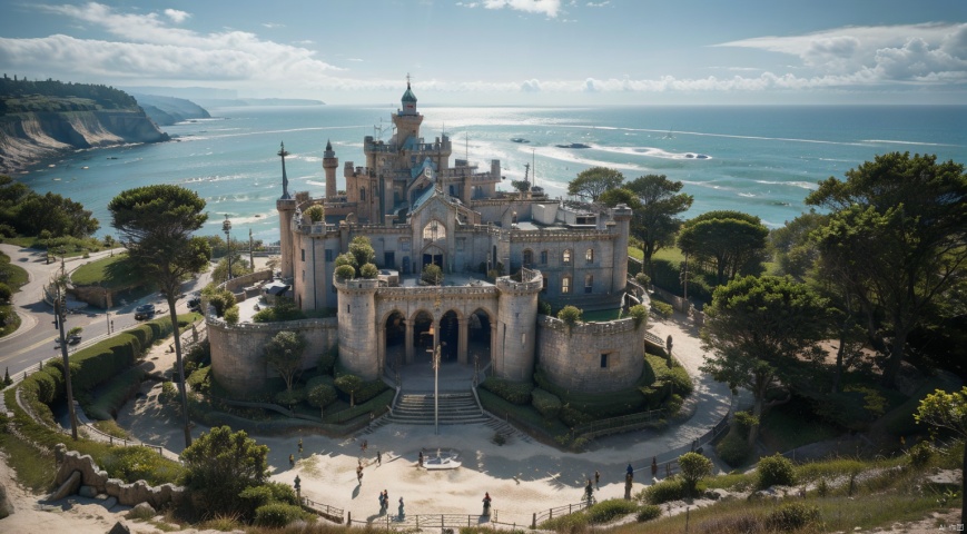 (sea:1.7),(coast:1.7),castle,magnificent castle,The blue sky,Clear Sky,complex and detailed background,realistic,best quality,dynamic lighting,natural shadow,ray tracing,volumetric lighting,highest detail,detailed background,intricate
