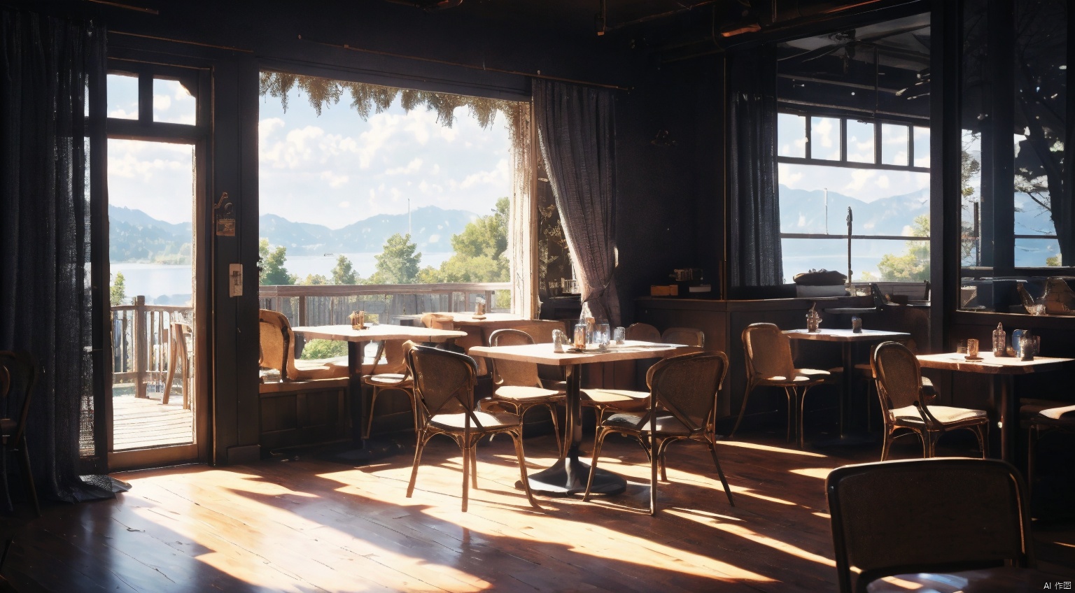  indoor,restaurant,purple and black room,dining-table,Abundant food on the dining table,chair,Simple french window,sliding doors, lamp, architecture,(Gothic style:1),French window,Simple french window,Tied up sheer curtains,Open Windows,Open french window,bright warm sunlight,The lakes and Forest Outside the Window,lakes,forest,intersting lights and shadows,8k hd, (highly detailed background, amazing background),(masterpiece), best quality, ultra detail, (intricate detail),dynamic lighting, perfect lighting, detailed shadows,(wide dynamic range:1.5)