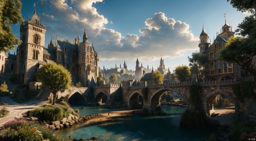  realistic, masterpiece, best quality, cinematic, dynamic lighting, natural shadow, ray tracing, volumetric lighting, highest detail, professional photography, detailed background,insane details, intricate, aesthetic,detailed matte painting,fantastic and intricate details,Bright color tones,Sunny Weather,fantasy concept art,8k resolution trending on Artstation Unreal Engine,medieval city,Compact architecture,Many people,Multiple buildings, castle, ttruins, gothic, FanSe