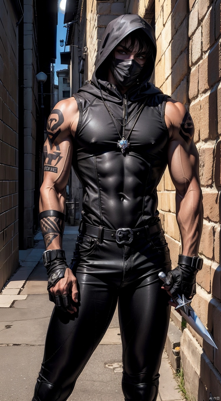  boy,Young male,A handsome boy,A strong boy,Young face,A wild smile,(Red short hair:1.6),(Wearing black high necked sleeveless tight fitting clothes:1.6),(Wearing a hood:1.6),(Wearing a black cloth mask:1.6),(Tight fitting clothing:1.6),(large pectorals:1.6),(The black tattoo on the arm:1.4),(Holding a dagger in hand:1.6),(The belt has many sharp metal pendants:1.6),broad shoulders,slender waist,Wide shoulders and narrow waist,abdominal muscle,(shiny skin:1),(dark skin:1.6),(long legs),(night:1.6),Middle Ages Alley,(A medieval alley at night:1.6),(A complex and detailed background),realistic,best quality,dynamic lighting,natural shadow,ray tracing,volumetric lighting,highest detail,detailed background,insane details,intricate,detailed face,detailed skin,subsurface scattering, leikete, black bodysuit
