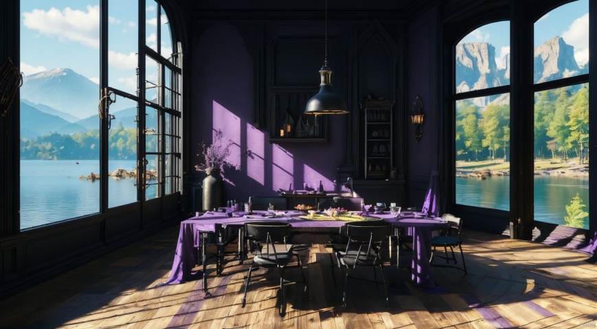  indoor,restaurant,purple and black room,dining-table,(Abundant food on the dining:1.6) table,chair,Simple french window,sliding doors, lamp, architecture,(Gothic style:1),French window,Simple french window,Tied up sheer curtains,Open Windows,Open french window,bright warm sunlight,The lakes and Forest Outside the Window,lakes,forest,intersting lights and shadows,8k hd, (highly detailed background, amazing background),(masterpiece), best quality, ultra detail, (intricate detail),dynamic lighting, perfect lighting, detailed shadows,(wide dynamic range:1.5)