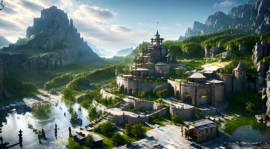 The surrounding decor contains green plants,detailed matte painting,fantastic and intricate details, fantasy concept art, 8k resolution trending on Artstation Unreal Engine, (\tong hua cheng bao\), RPG,castle, medieval,forest,coast,Liquid Sky,A prosperous town
