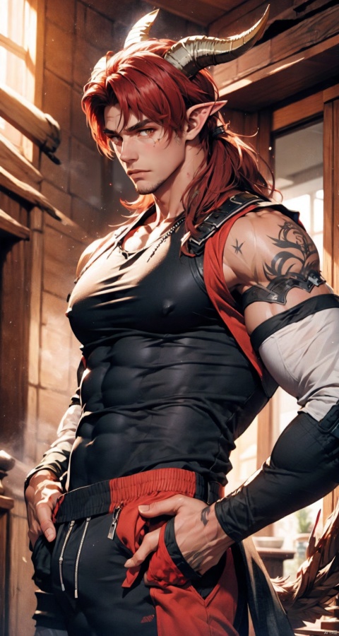  handsome male,upper body portrait,young,solo,big muscle,(thick arms),(big pecs),( long legs),slim,1male,slender waist,hands in pockets,abdominal muscle,Red hair,Black vest,Tattoos on arms,niji5, flamebringer (arknights),black bodysuit, hedelei,there are horns on the head,A strong male, black bodysuit
