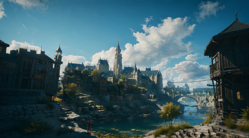  realistic, masterpiece, best quality, cinematic, dynamic lighting, natural shadow, ray tracing, volumetric lighting, highest detail, professional photography, detailed background,insane details, intricate, aesthetic,detailed matte painting,fantastic and intricate details,Bright color tones,Sunny Weather,fantasy concept art,8k resolution trending on Artstation Unreal Engine,medieval city,Compact architecture,Many people,Multiple buildings, castle