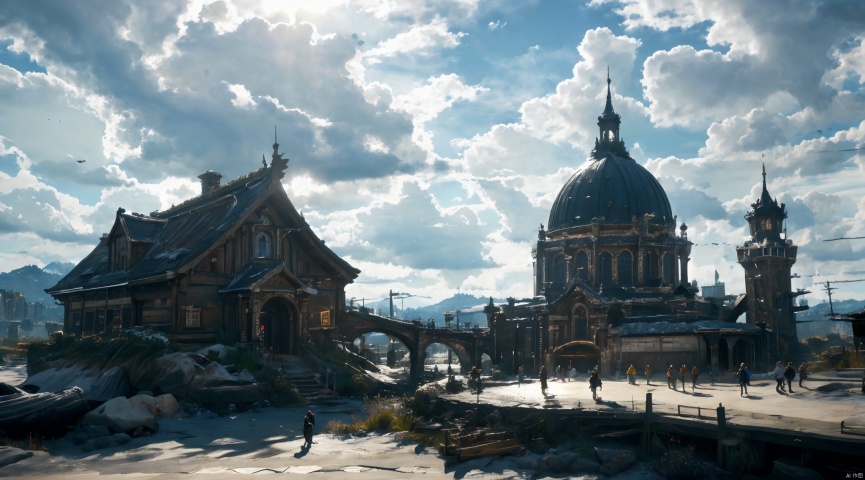  realistic, masterpiece, best quality, cinematic, dynamic lighting, natural shadow, ray tracing, volumetric lighting, highest detail, professional photography, detailed background,insane details, intricate, aesthetic,detailed matte painting,fantastic and intricate details,Bright color tones,Sunny Weather,fantasy concept art,8k resolution trending on Artstation Unreal Engine,medieval city,Compact architecture,Many people,Multiple buildings