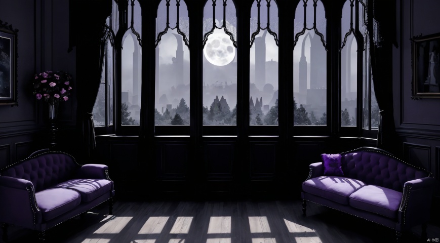  indoor,a bedroom,bedroom,purple and black room,Wide double bed,sofa,table,teacup,teapot,Tea set combination,vase,The flowers in the vase,candlestick,Candles burning on the candlestick,(Gothic style:1.5),French window,Simple french window,Sheer curtains,Open Windows,Open french window,night,The Moon and Forest Outside the Window,moon,moonlight,forest,architecture,intersting lights and shadows,(highly detailed background, amazing background),(masterpiece), best quality, ultra detail,digital painting, dynamic lighting, perfect lighting, detailed shadows, (wide dynamic range:1.5)