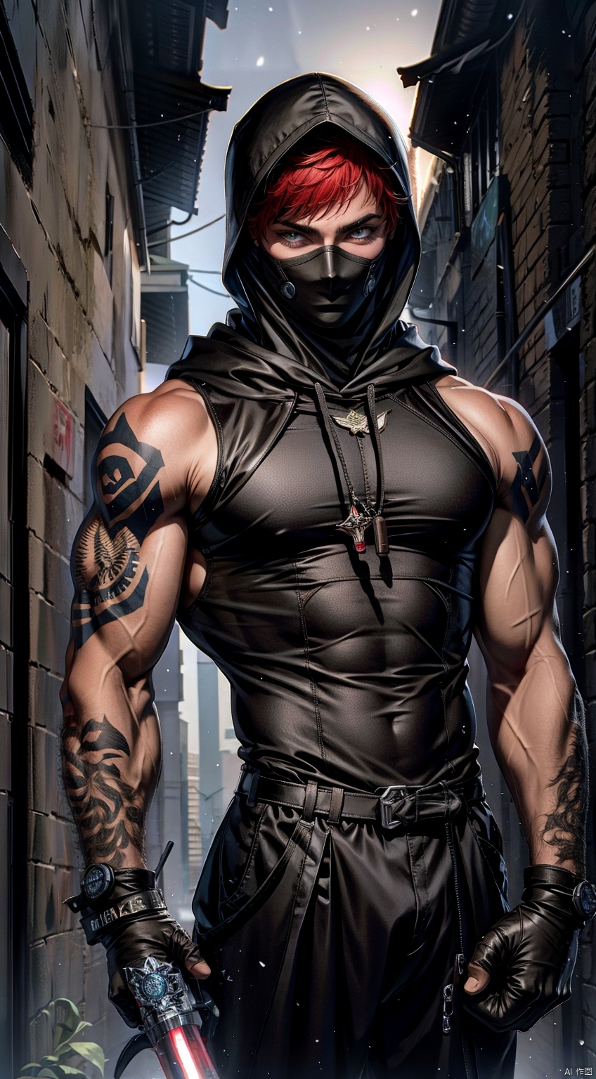  boy,16-year-old boy,Young male,A handsome boy,A strong boy,Young face,A wild smile,(Red short hair:1.5),(Wearing black high necked sleeveless tight fitting clothes:1.5),(Wearing a hood:1.5),(Wearing a black mask:1.5),(Tight fitting clothing:1.5),big muscle,(thick arms),(large pectorals:1.4),(Tattoos on arms:1.4),(Holding a dagger in hand:1.5),(There are many small daggers tied to the belt:1.5),broad shoulders,broad shoulders,slender waist,Wide shoulders and narrow waist,abdominal muscle,abs,(shiny skin:1),(dark skin:1.5),(long legs),(night:1.5),Middle Ages Alley,(A medieval alley at night:1.5),(A complex and detailed background),realistic,best quality,dynamic lighting,natural shadow,ray tracing,volumetric lighting,highest detail,detailed background,insane details,intricate,detailed face,detailed skin,subsurface scattering