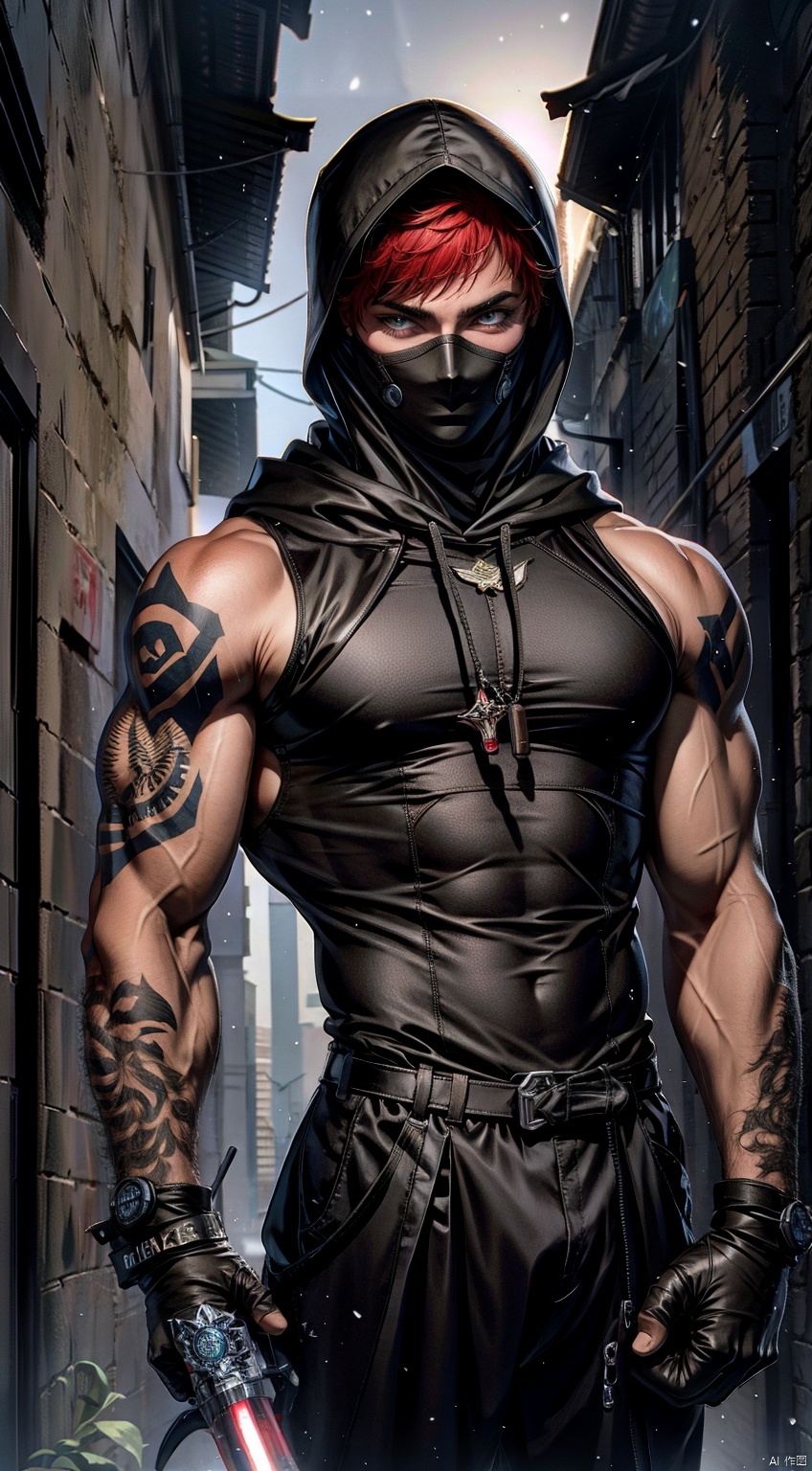  boy,16-year-old boy,Young male,A handsome boy,A strong boy,Young face,A wild smile,(Red short hair:1.5),(Wearing black high necked sleeveless tight fitting clothes:1.5),(Wearing a hood:1.5),(Wearing a black mask:1.5),(Tight fitting clothing:1.5),big muscle,(thick arms),(large pectorals:1.4),(Tattoos on arms:1.4),(Holding a dagger in hand:1.5),(There are many small daggers tied to the belt:1.5),broad shoulders,broad shoulders,slender waist,Wide shoulders and narrow waist,abdominal muscle,abs,(shiny skin:1),(dark skin:1.5),(long legs),(night:1.5),Middle Ages Alley,(A medieval alley at night:1.5),(A complex and detailed background),realistic,best quality,dynamic lighting,natural shadow,ray tracing,volumetric lighting,highest detail,detailed background,insane details,intricate,detailed face,detailed skin,subsurface scattering