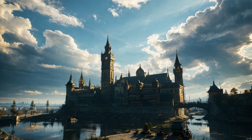  realistic, masterpiece, best quality, cinematic, dynamic lighting, natural shadow, ray tracing, volumetric lighting, highest detail, professional photography, detailed background,insane details, intricate, aesthetic,detailed matte painting,fantastic and intricate details,Bright color tones,Sunny Weather,fantasy concept art,8k resolution trending on Artstation Unreal Engine,medieval city,Compact architecture,Many people,Multiple buildings, castle