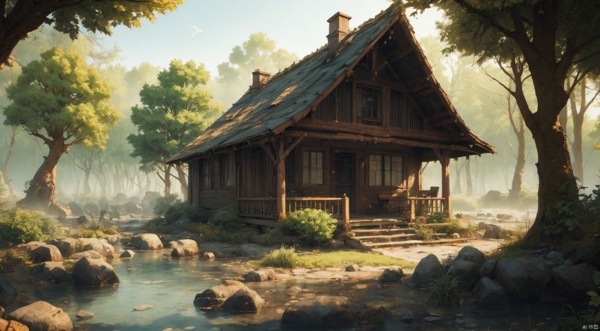  (forest:1.7),(Different varieties of trees:1.7),log cabin,The stream next to the small wooden house,The blue sky,Clear Sky,complex and detailed background,realistic,best quality,dynamic lighting,natural shadow,ray tracing,volumetric lighting,highest detail,detailed background,intricate