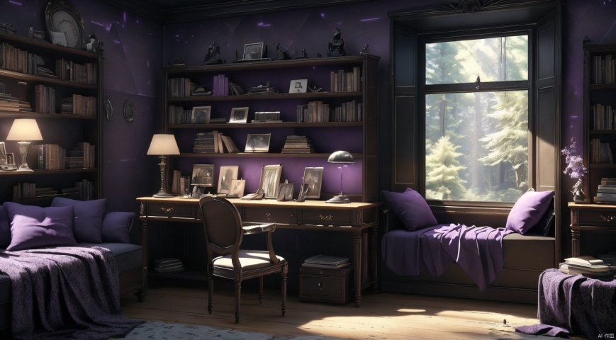  indoor,a study,study,purple and black room,Bookcase,(A bookcase occupying an entire wall:1.6),sofa,table,desk,chair,Simple french window,sliding doors,test tube,Various colored reagents in test tubes,(Gothic style:1),French window,Simple french window,Tied up sheer curtains,Open Windows,Open french window,bright warm sunlight,The lakes and Forest Outside the Window,lakes,forest,intersting lights and shadows,4k hd, (highly detailed background),(masterpiece), best quality, ultra detail, (intricate detail),dynamic lighting, perfect lighting, detailed shadows,(wide dynamic range:1.5), gothic, cozy animation scenes
