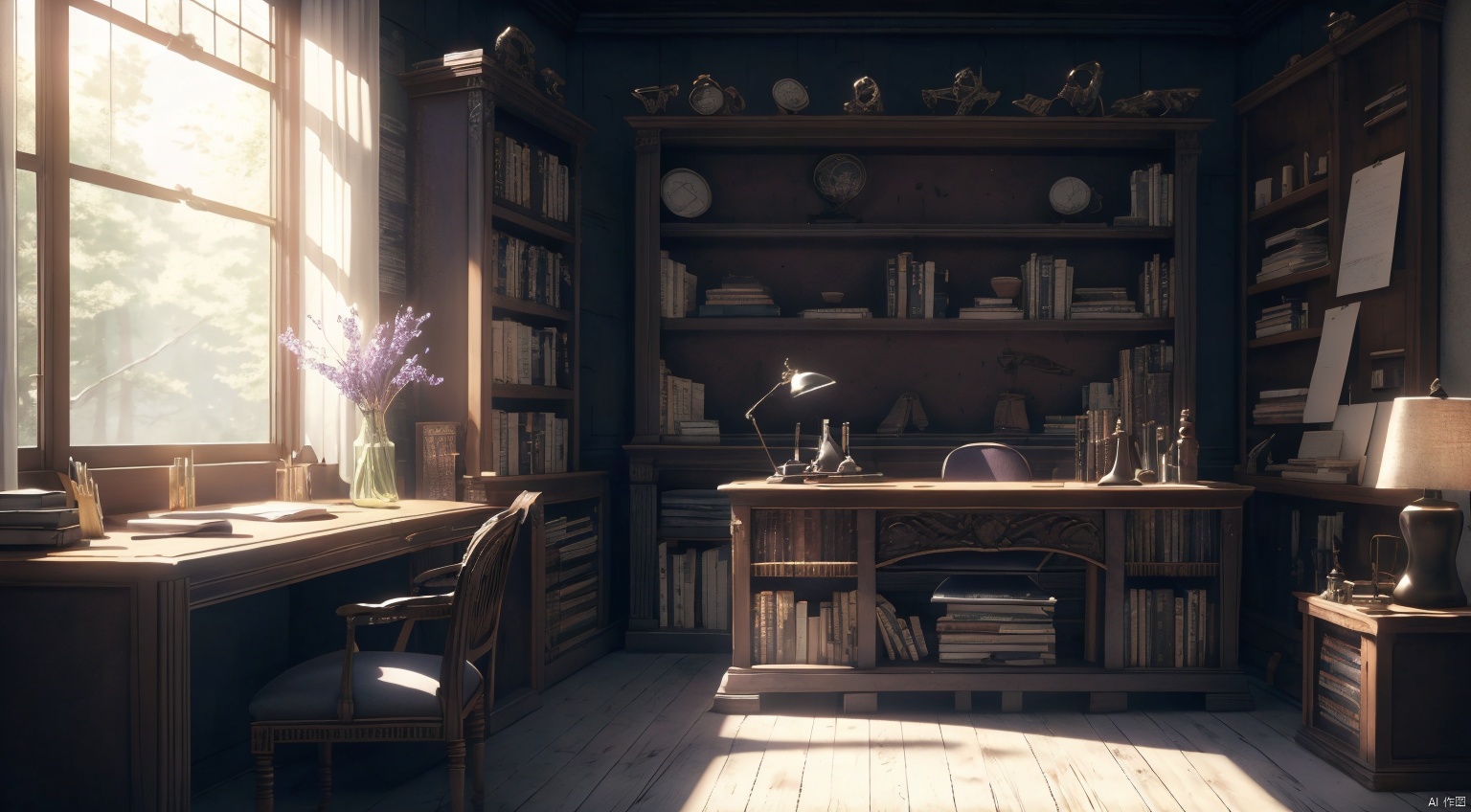  indoor,a study,study,purple and black room,Bookcase,(A bookcase occupying an entire wall:1.6),sofa,table,desk,chair,Simple french window,sliding doors,test tube,Various colored reagents in test tubes,(Gothic style:1),French window,Simple french window,Tied up sheer curtains,Open Windows,Open french window,bright warm sunlight,The lakes and Forest Outside the Window,lakes,forest,intersting lights and shadows,4k hd, (highly detailed background),(masterpiece), best quality, ultra detail, (intricate detail),dynamic lighting, perfect lighting, detailed shadows,(wide dynamic range:1.5), gothic, cozy animation scenes