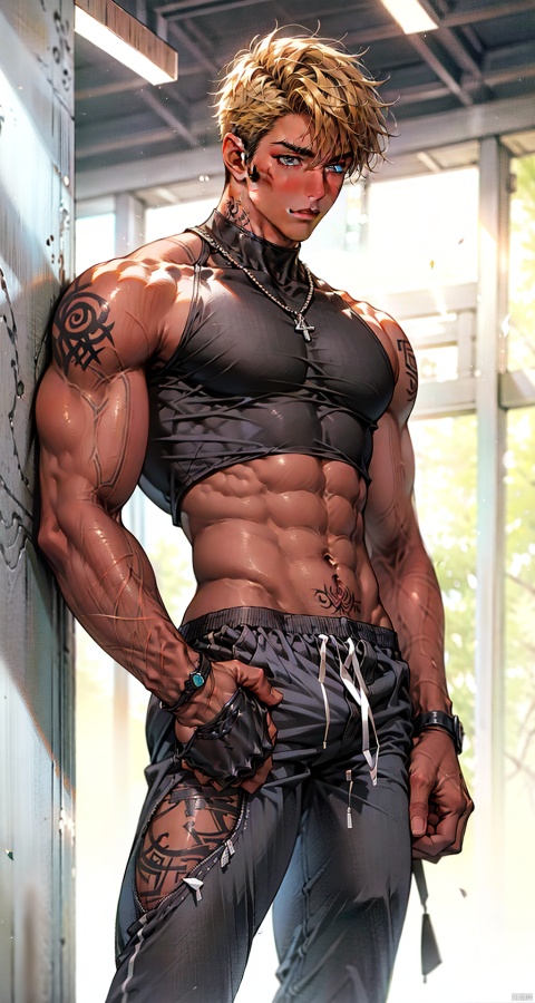  handsome male,upper body portrait,young,solo,big muscle,(thick arms),(big pecs),black shorts,( long legs),slim,1male,slender waist,fu,hands in pockets,abdominal muscle,blonde hair,black skin,black sleeveless turtleneck top,Tattoos on arms,niji5, flamebringer (arknights)