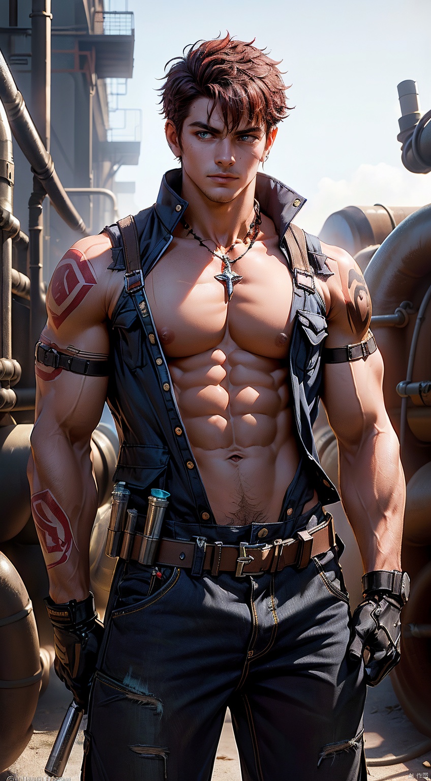  boy,Young male,A handsome boy,A strong boy,Young face,upper body portrait,young,solo,big muscle,(thick arms),(big pecs),( long legs),slim,1male,slender waist,hands in pockets,abdominal muscle,(Red short hair:1.4),(dark skin:1.5),Tattoos on arms,dark skin,realistic, masterpiece, best quality, cinematic, dynamic lighting, natural shadow, ray tracing, volumetric lighting, highest detail, professional photography, detailed background,insane details, intricate, aesthetic, detailed face, detailed skin, subsurface scattering, realistic hair,realistic eyes, muscular,(large pectorals:1.7), (puffy nipples:1.1), (shiny skin:1.6), pecs, abs,(Red short hair:1.5),(Not wearing clothes:1.6),(Bare upper body:1.6),(Mechanist pants:1.6),(Pants with plenty of pockets:1.6),(There are many tools hanging on the belt:1.6),(Holding a large pipeline mechanical device in hand:1.6),(large pectorals:1.4),(The black tattoo on the arm:1.4)