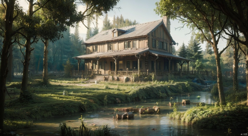  (forest:1.7),(dense tree:1.7),log cabin,(The wooden house is surrounded by dense trees:1.6),The stream next to the small wooden house,The blue sky,Clear Sky,complex and detailed background,realistic,best quality,dynamic lighting,natural shadow,ray tracing,volumetric lighting,highest detail,detailed background,intricate