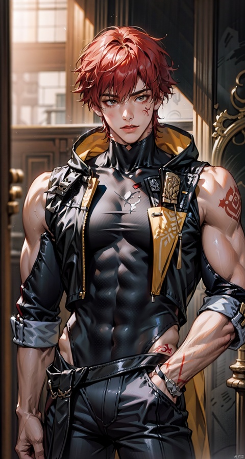  handsome male,upper body portrait,young,solo,big muscle,(thick arms),(big pecs),( long legs),slim,1male,slender waist,hands in pockets,red hair,(an open sleeveless jacket),(black vest),tattoos on arms, black bodysuit, fu, trailblazer