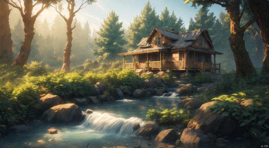  (forest:1.7),(Different varieties of trees:1.7),log cabin,The stream next to the small wooden house,The blue sky,Clear Sky,complex and detailed background,realistic,best quality,dynamic lighting,natural shadow,ray tracing,volumetric lighting,highest detail,detailed background,intricate