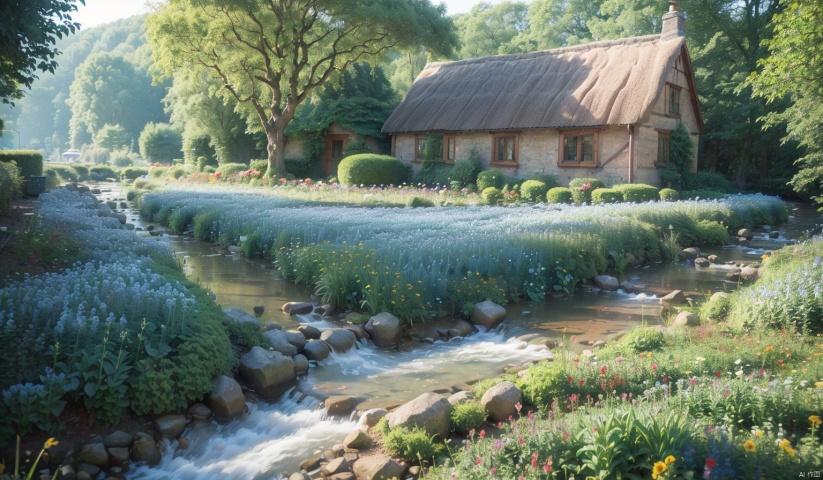 (forest:1.7),(Different varieties of trees:1.7),(Medieval Cottage:1.7),(The flower field next to the small house:1.7),(The stream next to the small house:1.7),(A clear blue stream:1.7),complex and detailed background,realistic,best quality,dynamic lighting,natural shadow,ray tracing,volumetric lighting,highest detail,detailed background,intricate, misty of forest