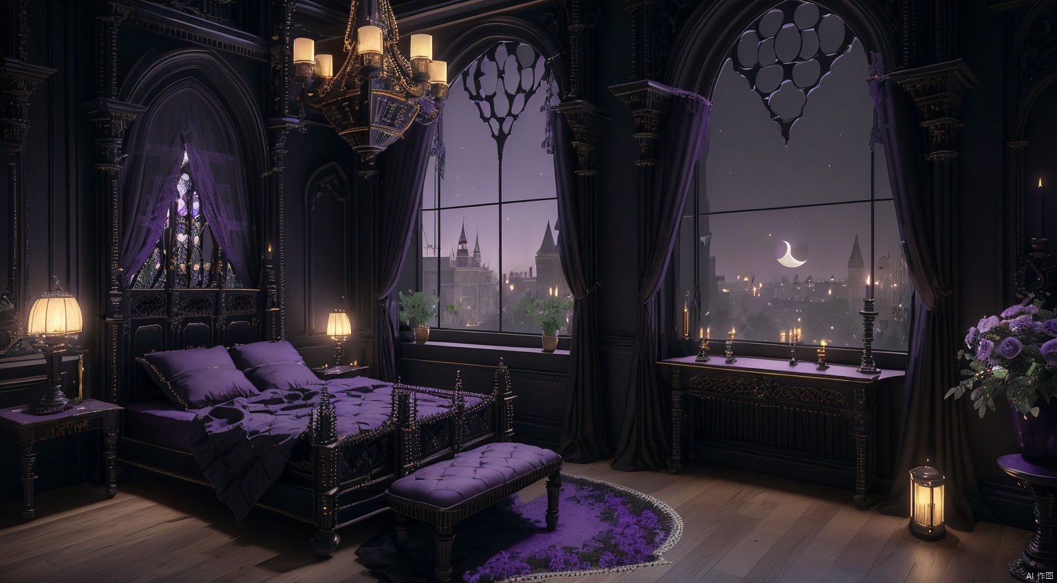  indoor,a bedroom,bedroom,purple and black room,Wide double bed,vase,The flowers in the vase,candlestick,Candles burning on the candlestick,(Gothic style:1.5),French window,Simple french window,Tied up sheer curtains,Open Windows,Open french window,night,The Moon and Forest Outside the Window,moon,moonlight,forest,architecture,intersting lights and shadows,ultra realistic, unreal engine 5, studio lighting, cinematic, High Detail, dramatic, cinematic, 8k, highres , extremely detailed CG unity 8k wallpaper, realistic, masterpiece, highest quality, lens flare, unreal engine, trending on ArtStation, Intricate, High Detail, realism, beautiful and detailed lighting, shadows, bedroomai