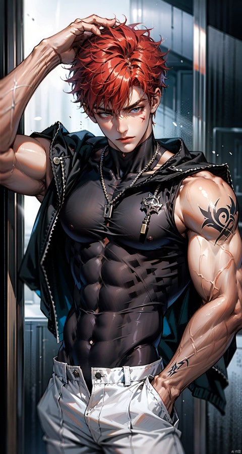  handsome male,upper body portrait,young,solo,big muscle,(thick arms),(big pecs),( long legs),slim,1male,slender waist,hands in pockets,red hair,(an open sleeveless jacket),(black vest),tattoos on arms, black bodysuit, fu, trailblazer