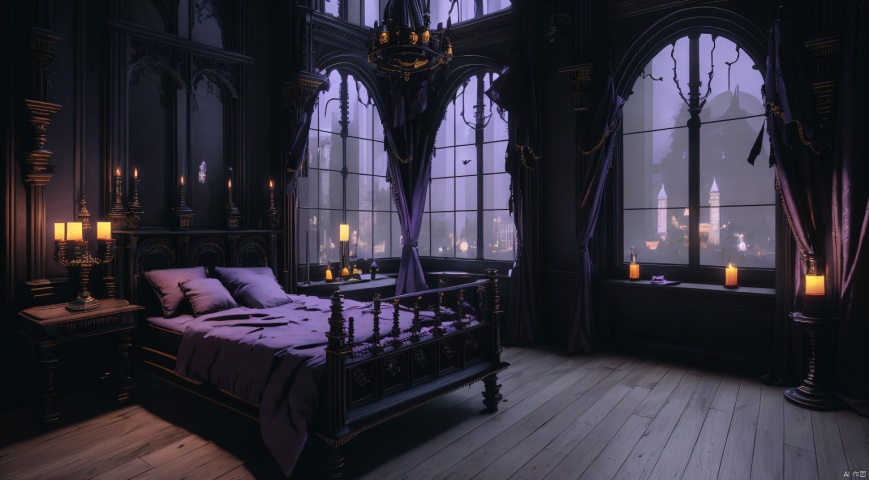  indoor,a bedroom,bedroom,purple and black room,Wide double bed,vase,The flowers in the vase,candlestick,Candles burning on the candlestick,(Gothic style:1.5),French window,Simple french window,Tied up sheer curtains,Open Windows,Open french window,night,The Moon and Forest Outside the Window,moon,moonlight,forest,architecture,intersting lights and shadows,ultra realistic, unreal engine 5, studio lighting, cinematic, High Detail, dramatic, cinematic, 8k, highres , extremely detailed CG unity 8k wallpaper, realistic, masterpiece, highest quality, lens flare, unreal engine, trending on ArtStation, Intricate, High Detail, realism, beautiful and detailed lighting, shadows, bedroomai, gothic, ais-crsd, Darkness