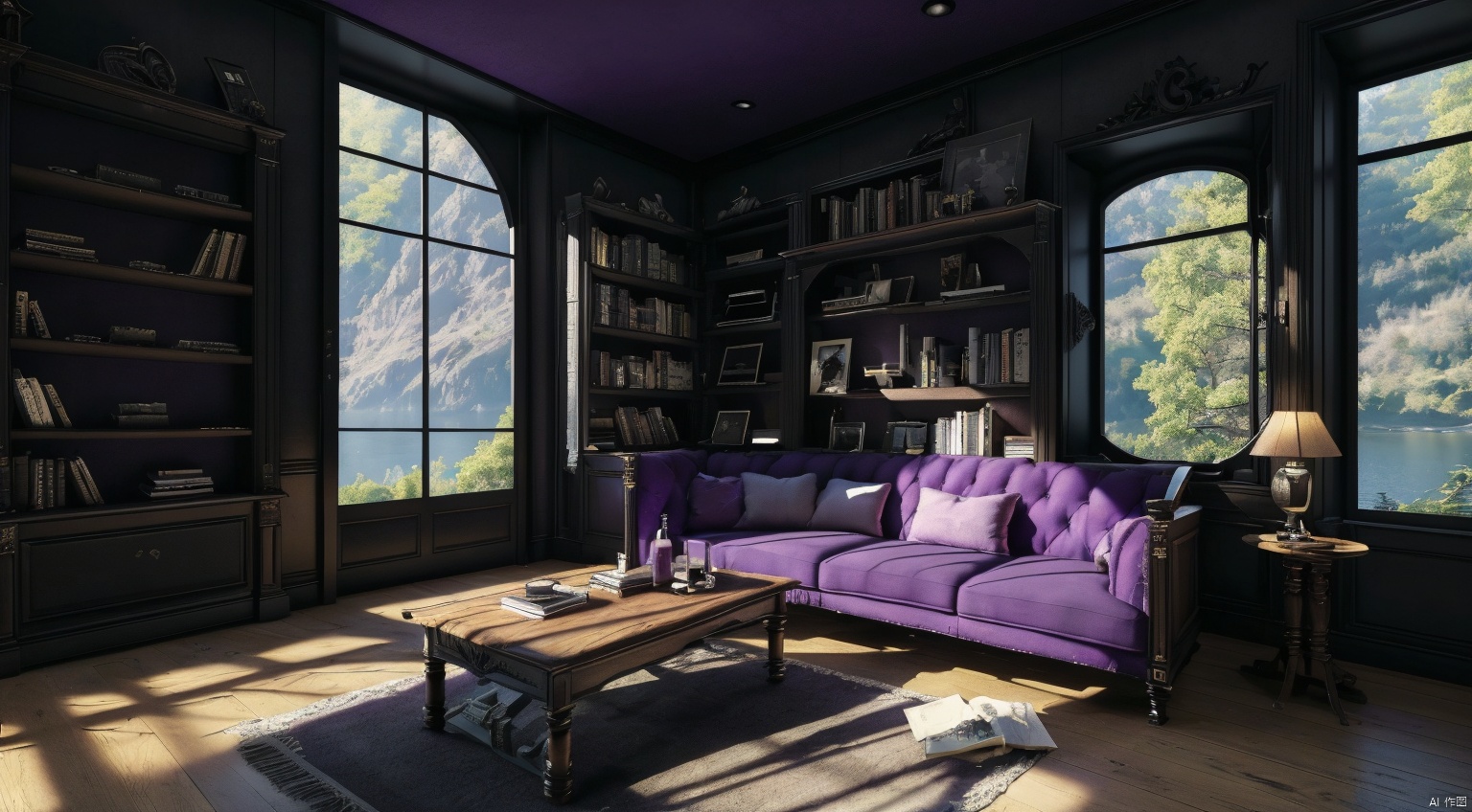  indoor,a study,study,purple and black room,Bookcase,(A bookcase occupying an entire wall:1.6),sofa,table,desk,chair,Simple french window,sliding doors,test tube,Various colored reagents in test tubes,(Gothic style:1),French window,Simple french window,Tied up sheer curtains,Open Windows,Open french window,bright warm sunlight,The lakes and Forest Outside the Window,lakes,forest,intersting lights and shadows,4k hd, (highly detailed background),(masterpiece), best quality, ultra detail, (intricate detail),dynamic lighting, perfect lighting, detailed shadows,(wide dynamic range:1.5), gothic
