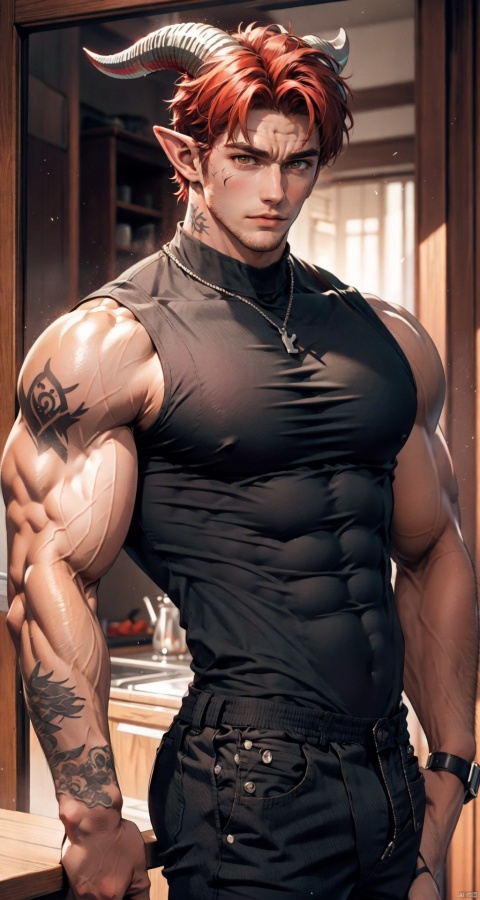  handsome male,a strong male,upper body portrait,young,solo,big muscle,(thick arms),(big pecs),( long legs),slim,1male,slender waist,hands in pockets,abdominal muscle,Red short hair,Black vest,Tattoos on arms,,black bodysuit, hedelei,there are horns on the head