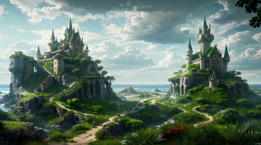  The surrounding decor contains green plants,detailed matte painting,fantastic and intricate details, fantasy concept art, 8k resolution trending on Artstation Unreal Engine, (\tong hua cheng bao\), RPG,castle, medieval,forest,coast, dark skin, 2D ConceptualDesign, castle