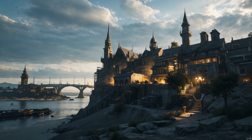  realistic, masterpiece, best quality, cinematic, dynamic lighting, natural shadow, ray tracing, volumetric lighting, highest detail, professional photography, detailed background,insane details, intricate, aesthetic,detailed matte painting,fantastic and intricate details,Bright color tones,Sunny Weather,fantasy concept art,8k resolution trending on Artstation Unreal Engine,medieval city,Compact architecture,Many people,Multiple buildings, castle, ttruins