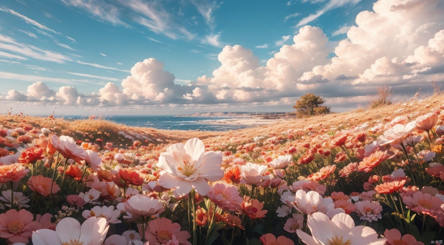 Flower Sea,Many flowers,Bright Sunshine, Flower sea,(A complex and detailed background),realistic,best quality,dynamic lighting,natural shadow,ray tracing,volumetric lighting,highest detail,detailed background,insane details,intricate,detailed face,detailed skin,subsurface scattering