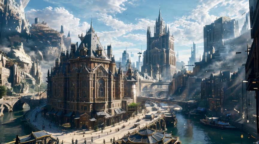  realistic, masterpiece, best quality, cinematic, dynamic lighting, natural shadow, ray tracing, volumetric lighting, highest detail, professional photography, detailed background,insane details, intricate, aesthetic,detailed matte painting,fantastic and intricate details,Bright color tones,Sunny Weather,fantasy concept art,8k resolution trending on Artstation Unreal Engine,medieval city,Compact architecture,Many people,Multiple buildings