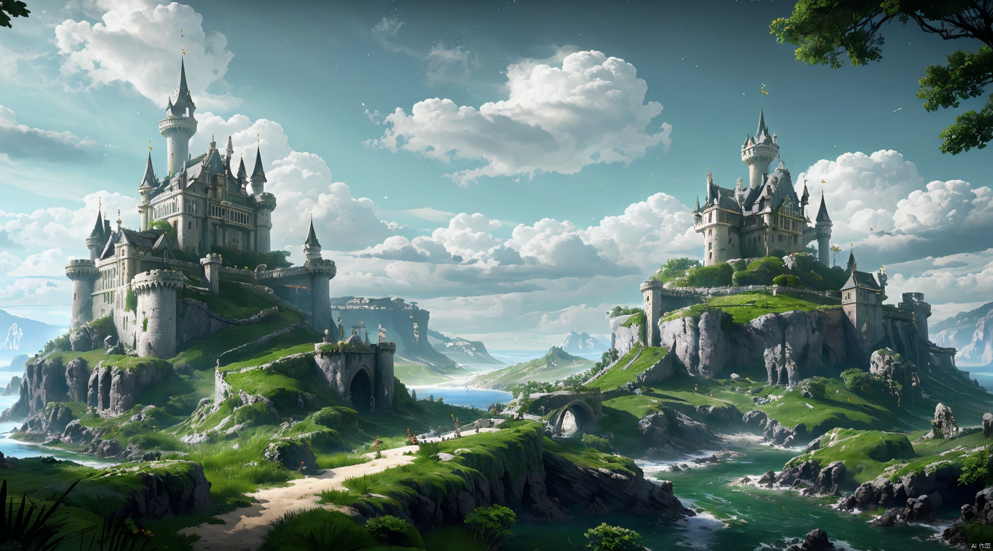  The surrounding decor contains green plants,detailed matte painting,fantastic and intricate details, fantasy concept art, 8k resolution trending on Artstation Unreal Engine, (\tong hua cheng bao\), RPG,castle, medieval,forest,coast, dark skin, 2D ConceptualDesign, castle